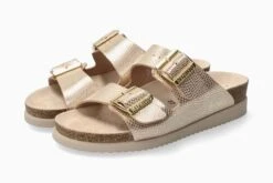Mephisto Hester Light Sand Gold Buckle Textured Leather Slide Sandal -Wonders Shop mephester07d